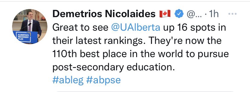 When an Alberta university ranks 110th in the world, the UCP pats itself on the back.  When Alberta public school students rank 3rd in the world, the UCP attacks teachers and throws out the curriculum. This government is an embarrassment. #abed #ableg #edchat #cdnpoli
