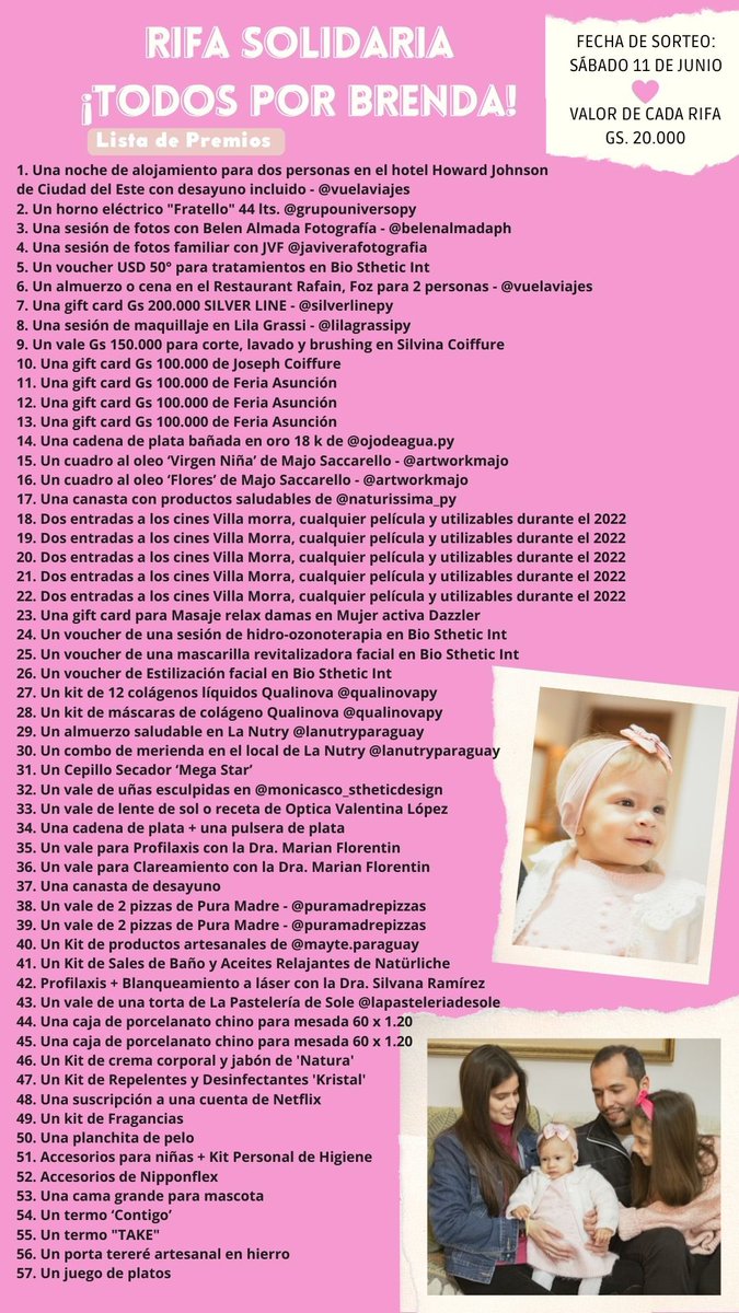 fabi_cc's tweet photo. Hola amigos de twitter! Les comparto el gran sorteo que estamos organizando a beneficio de mi sobrinita Brenda 💓 
Con sólo Gs 20.000 ya participás! 
Me ayudan por fa con un RT para obtener mayor alcance y colaboración. 
Muchas gracias! 🫶🏼✨ https://t.co/VvU8pJoAc1