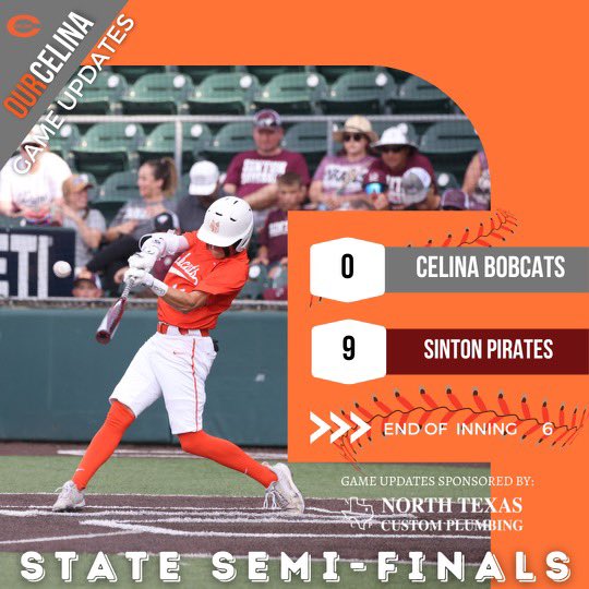 At the end of the 6th inning.
Score brought to you by North Texas Custom Plumbing. <a href="/NTXCP1/">North Texas Custom Plumbing</a> <a href="/CelinaISD/">Celina ISD</a> <a href="/RecruitCelinaFB/">Celina Bobcat Football Recruiting</a> <a href="/BobcatMomsCTX/">Bobcat Moms</a> <a href="/CBobcatBaseball/">Bobcat Baseball</a> <a href="/celinaqbclub/">Celina QB Club</a>
