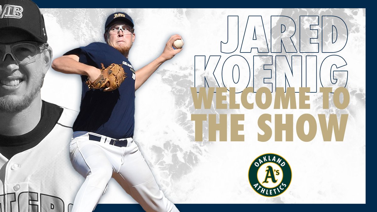 CSUMBbaseball's tweet photo. It's official! Former @CSUMBbaseball star Jared Koenig is in the bigs! He tosses a scoreless first for @Athletics at Atlanta. Koenig went 3-1 with 63 Ks in 61 IP for CSUMB in 2016. #WeAreMB https://t.co/cG2cufpVnP