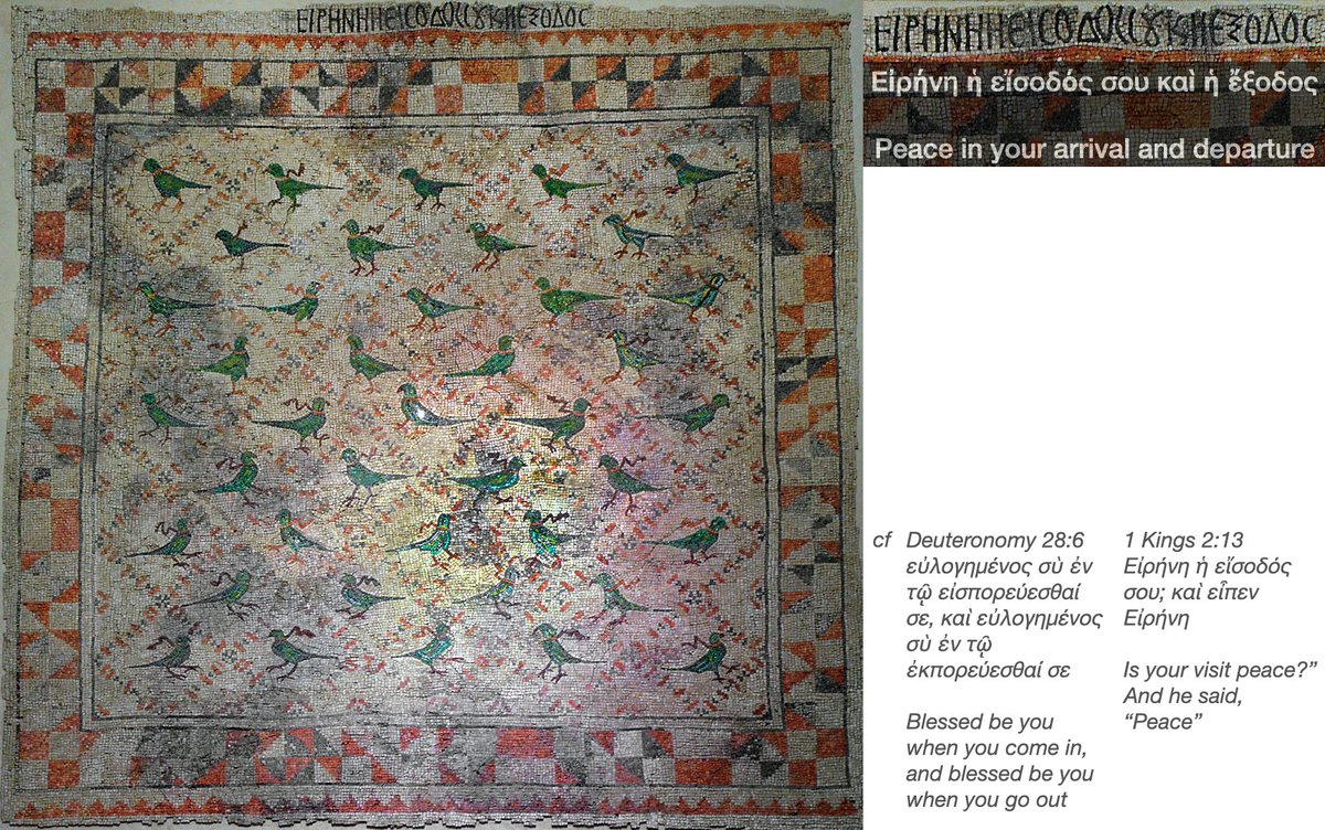 475-500 CE mosaic from a monastery in Scythopolis excavated in 1959 by Tzori. 41 fluttering beribboned birds in unique poses indicate Sasanian (neo-Persian/Parthian) influence, i.e. arch-rivals of Rome. Image and inscription speak of peaceful ties between traditional enemies.