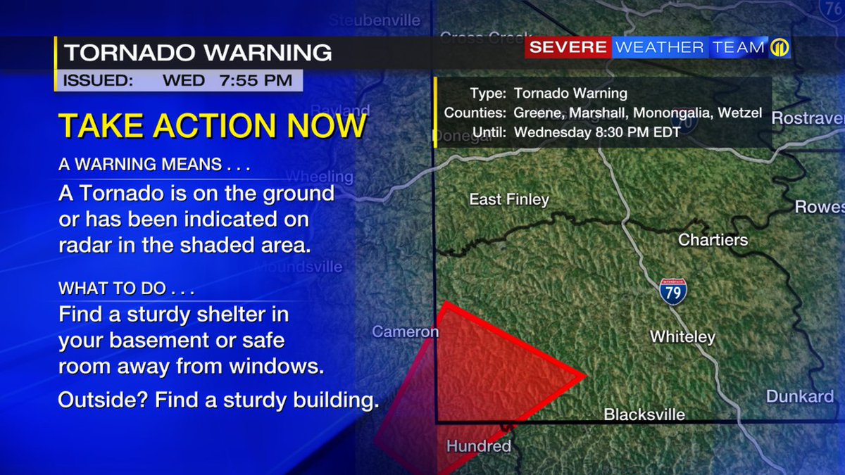 WPXICropper's tweet photo. A TORNADO WARNING has been issued for the shaded portion of Greene county.  TAKE ACTION NOW!

Interactive radar:  https://t.co/ym2MDP8I4G
Get alerts straight to your phone:  https://t.co/nvDLl8sHag #WPXI #WPXIStorm #SevereWeather #PAWX https://t.co/jRML3RN72N