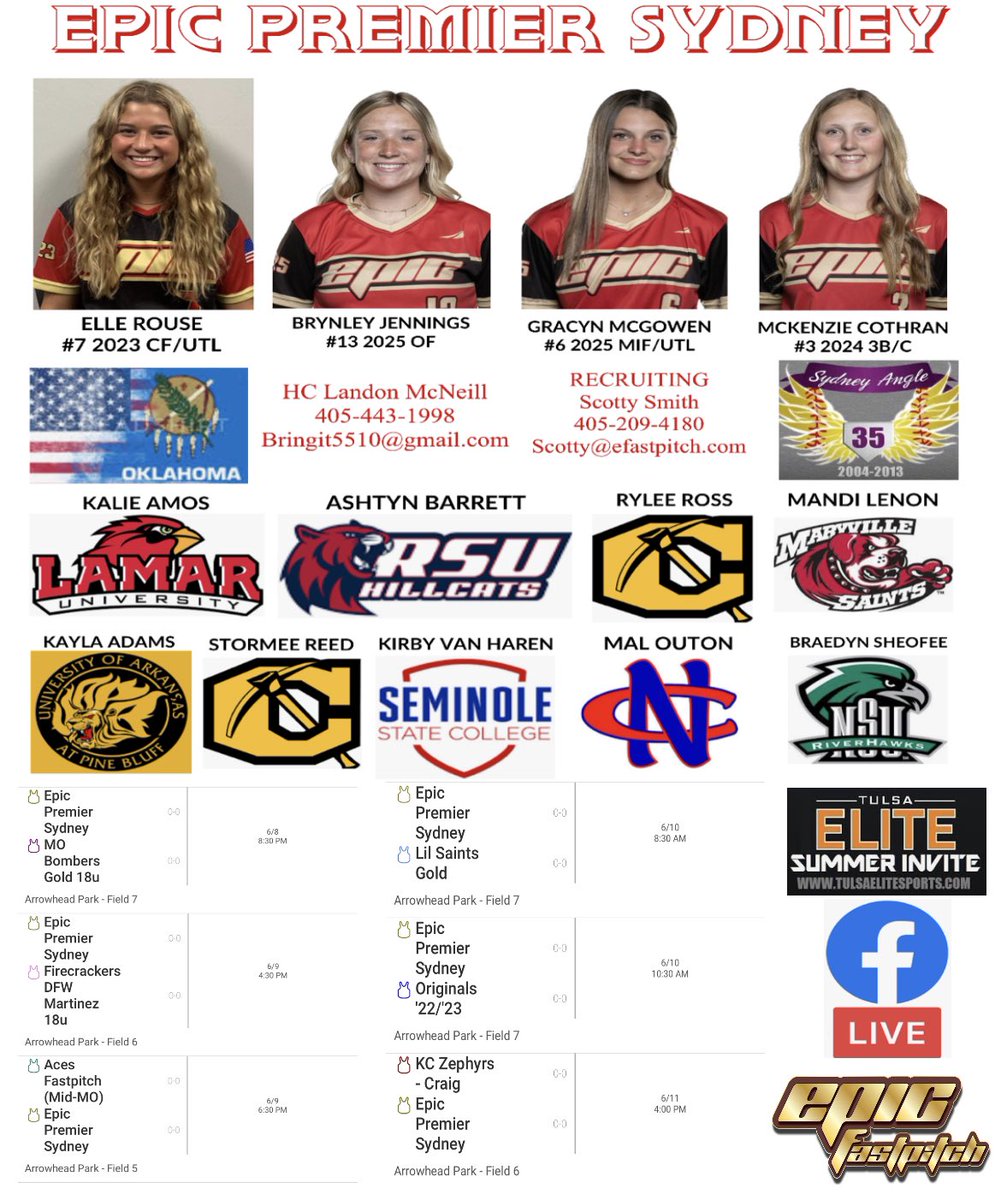 Ladies start their summer grind tomorrow <a href="/TulsaElite/">Tulsa Elite Sports</a> invite! Have a few players out certain days due to all state games but excited we have a few of our youngsters from <a href="/EpicFastpitchO/">EpicFastpitch.org</a> <a href="/elle83795139/">Elle Rouse</a>