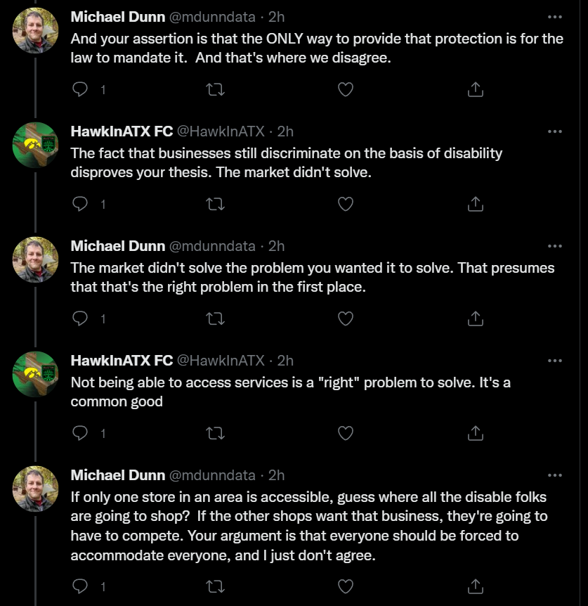 AdaTakes's tweet photo. This whole thing is absurd, but especially the "if they don't like it they can move", because it's so easy to just relocate, especially if you're disabled.

If libertarians hate being in a society so much, why don't *they* move? The world will never know... https://t.co/o1bbEUel7x