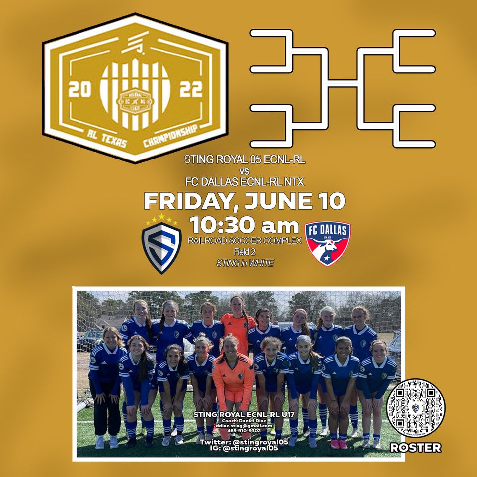 Game one of the <a href="/ECNLgirls/">ECNL Girls</a> RL conference tournament starts Friday morning!! Road to Seattle begins!!

#letsroll

<a href="/StingSoccerClub/">Sting Soccer Club</a> <a href="/ImCollegeSoccer/">College Soccer Truth ™</a> <a href="/PrepSoccer/">Prep Soccer ⚽️</a> <a href="/TopDrawerSoccer/">TopDrawerSoccer</a> <a href="/TheSoccerWire/">SoccerWire</a> <a href="/NCAASoccer/">NCAA Soccer</a> @EcnlTexas