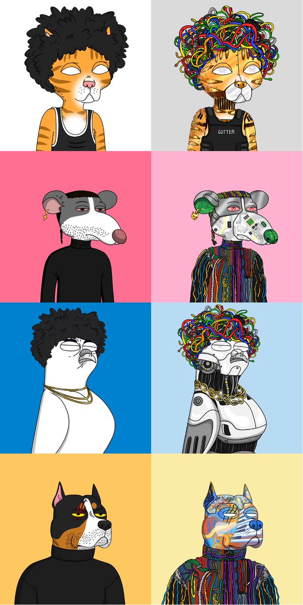 365 days of GANG GANG - special day to reveal the visionaries &amp; their clones 🔥👀

What’s your favorite? Dog clone goes too hard

#GutterCatGang #gang #NFTs