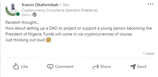 FOkaformbah's tweet photo. Random thought. Can this be done?... Anything we can to legally win.
I am super excited for Peter Obi and Labour Party's chances at the polls. Come 2023 I will Vote for Peter Obi.
#Blockchain #BlockChainThursday #Jesus #APCPresidentialPrimaries https://t.co/tzw1KywAKi