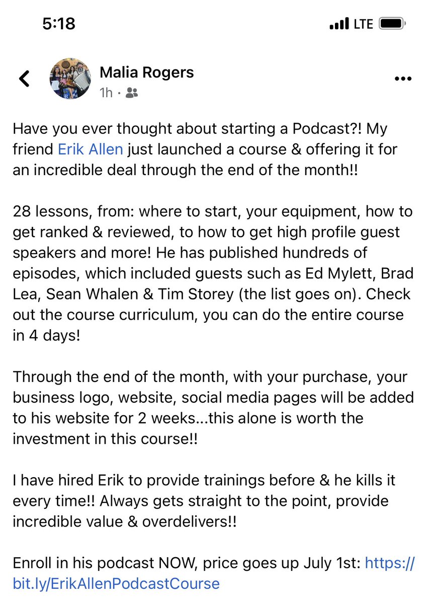 I have officially soft launched the self paced version of my podcast course 'How To Start, Launch, and Run Your Podcast in 30 days'. Right now, the intro price is $197, but on July 1st, it will go up to $397. Go here > bit.ly/ErikAllenPodca… BONUS - 2 weeks Sponsorship too!