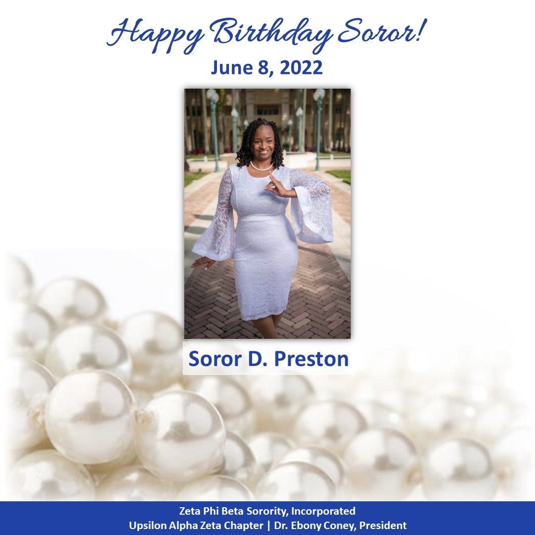 ZPHIBYAZ's tweet photo. YAZ Chapter would like to wish Soror Drididi Preston a Happy Birthday! 
🎂🎁🎉 

We hope you enjoy your birthday Soror and we hope you have many more!

#happybirthday #ZetaBirthdays #zetaphibetasororityinc #zetaphibeta #southeasternzetas #FloridaZetas #UpsilonAlphaZeta #zphibyaz https://t.co/mgfZW06RfZ