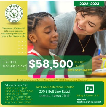DeSoto ISD is pleased to announce its 2022-2023 teacher compensation plan approved by the Board of Trustees during a special called meeting on June 8, 2022.

Read more at desotoisd.org/news/what_s_ne…