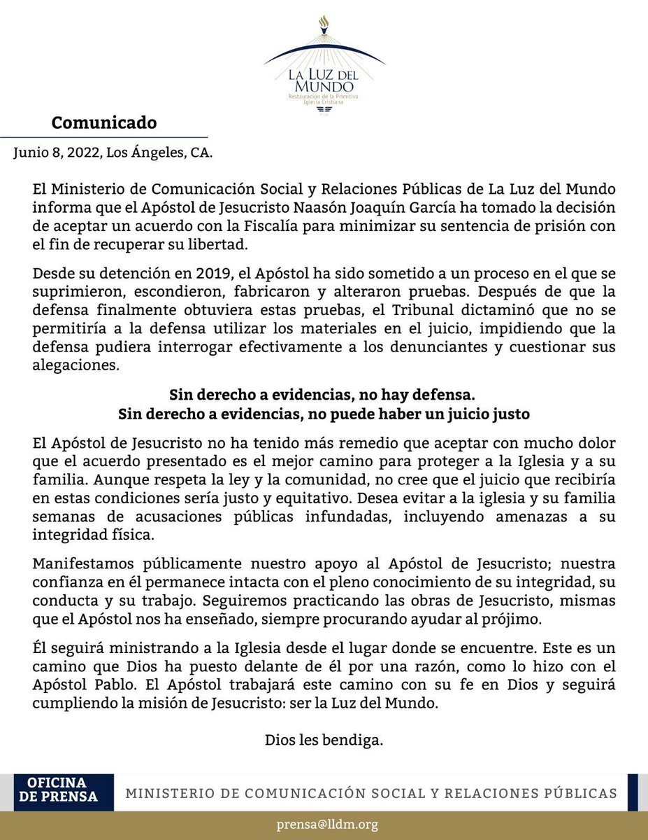 laoctavadigital's tweet photo. En el proceso de Naasón Joaquín García se fabricaron y alteraron pruebas: La Luz del Mundo

A través de un comunicado, @iglesialldm afirmó que su líder, Joaquín García, no tuvo “más remedio que aceptar el acuerdo”.”Nuestra confianza en él permanece intacta”, recalcó la iglesia. https://t.co/aYJk3MAnbO
