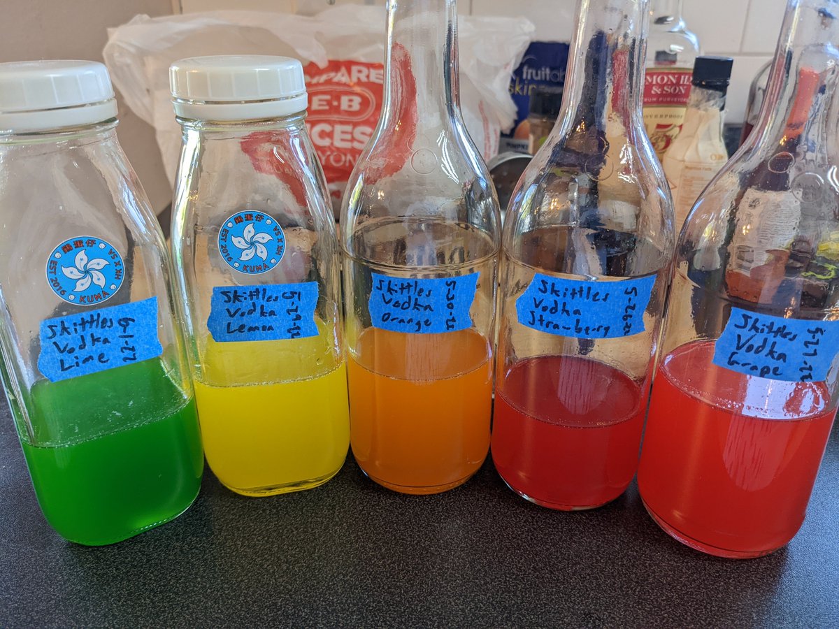 Made some Skittles vodka just for kicks. Don't ask me why the strawberry looks more grape than the grape :/