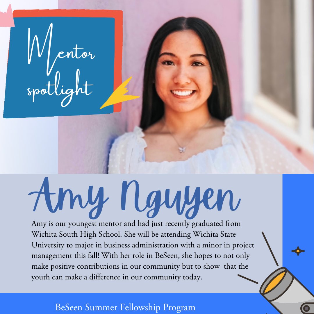 Our final mentor is Amy Nguyen! 

Amy is our youngest mentor and had just recently graduated from Wichita South High School. She will be attending Wichita State University to major in business administration with a minor in project management this fall!

So excited to have her!!