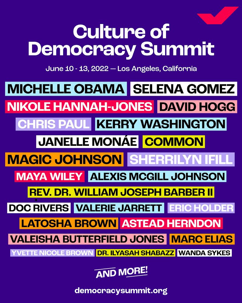 We’re so excited for our first-ever #CultureOfDemocracy Summit THIS WEEKEND — June 10-13 — featuring an incredible group of panelists, speakers and special guests, including @MichelleObama ⚡️ Stream Friday and Monday’s events LIVE at democracysummit.org