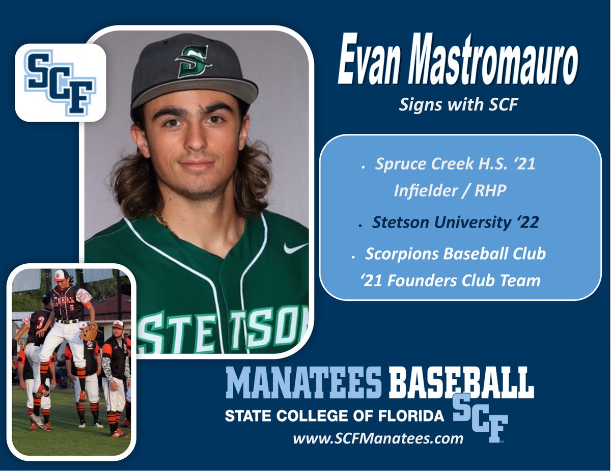 SCFBaseball's tweet photo. The MANATEES sign a couple of D1 transfers in the #SCFReload process. Evan Mastromauro (Stetson) & Preston Wetherell (FSU) are outstanding additions to this summer's signings. Both coming from Spruce Creek HS @baseball_creek & the Scorpions Founder Club @ScorpsCenter #CreekBoys https://t.co/Lyjp3kcuDs