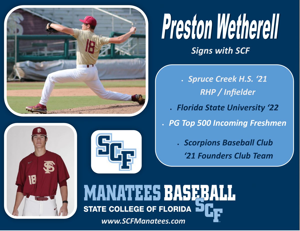 SCFBaseball's tweet photo. The MANATEES sign a couple of D1 transfers in the #SCFReload process. Evan Mastromauro (Stetson) & Preston Wetherell (FSU) are outstanding additions to this summer's signings. Both coming from Spruce Creek HS @baseball_creek & the Scorpions Founder Club @ScorpsCenter #CreekBoys https://t.co/Lyjp3kcuDs