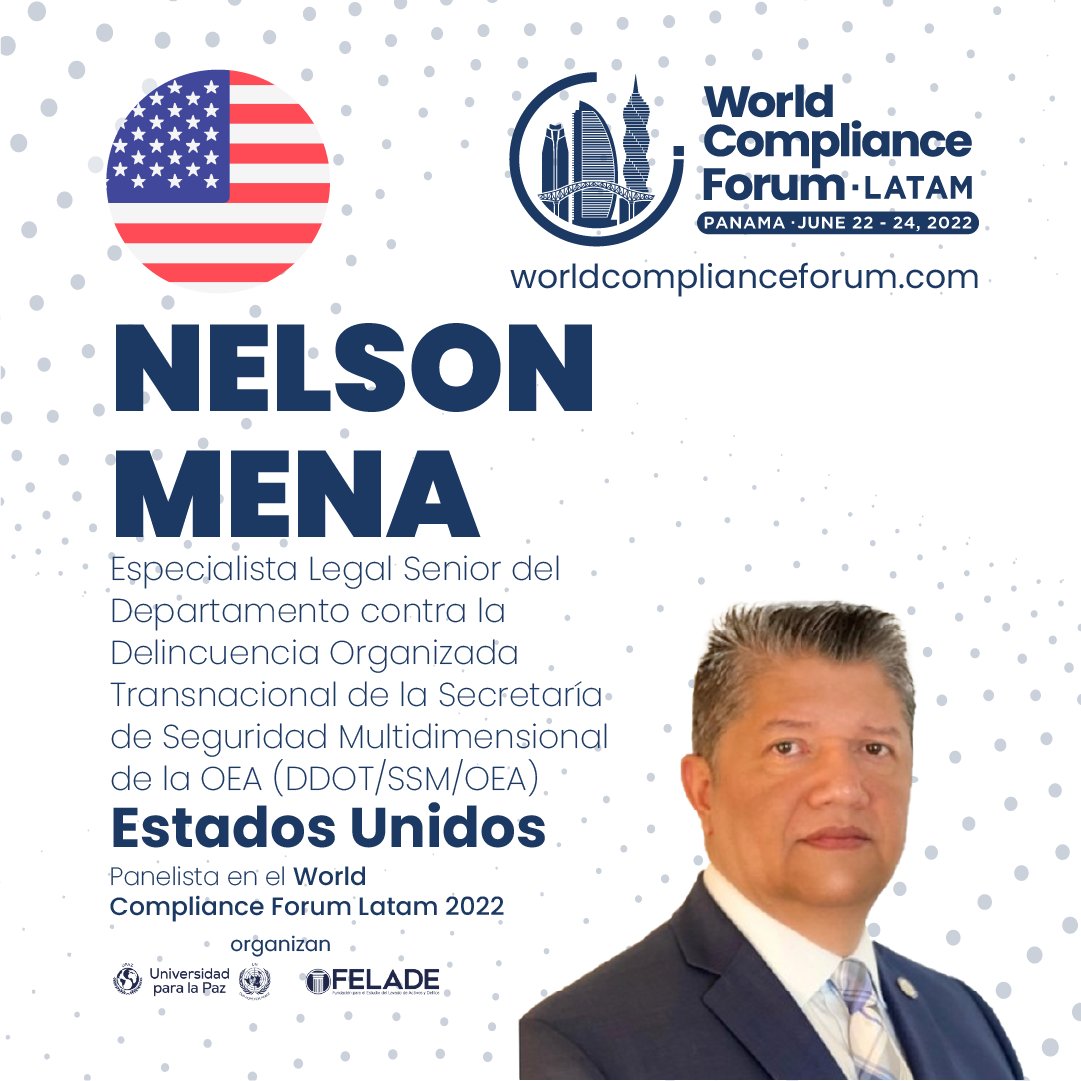 El World Compliance Forum Latam Panamá 2022, del 22 al 24 de junio.
worldcomplianceforum.com

Reunirá expertos para dialogar sobre las problemáticas de la región.
 
Panel 12: Fragilidad del Estado y Crimen Organizado Transnacional.

#wcflatam2022
#felade
#upaz