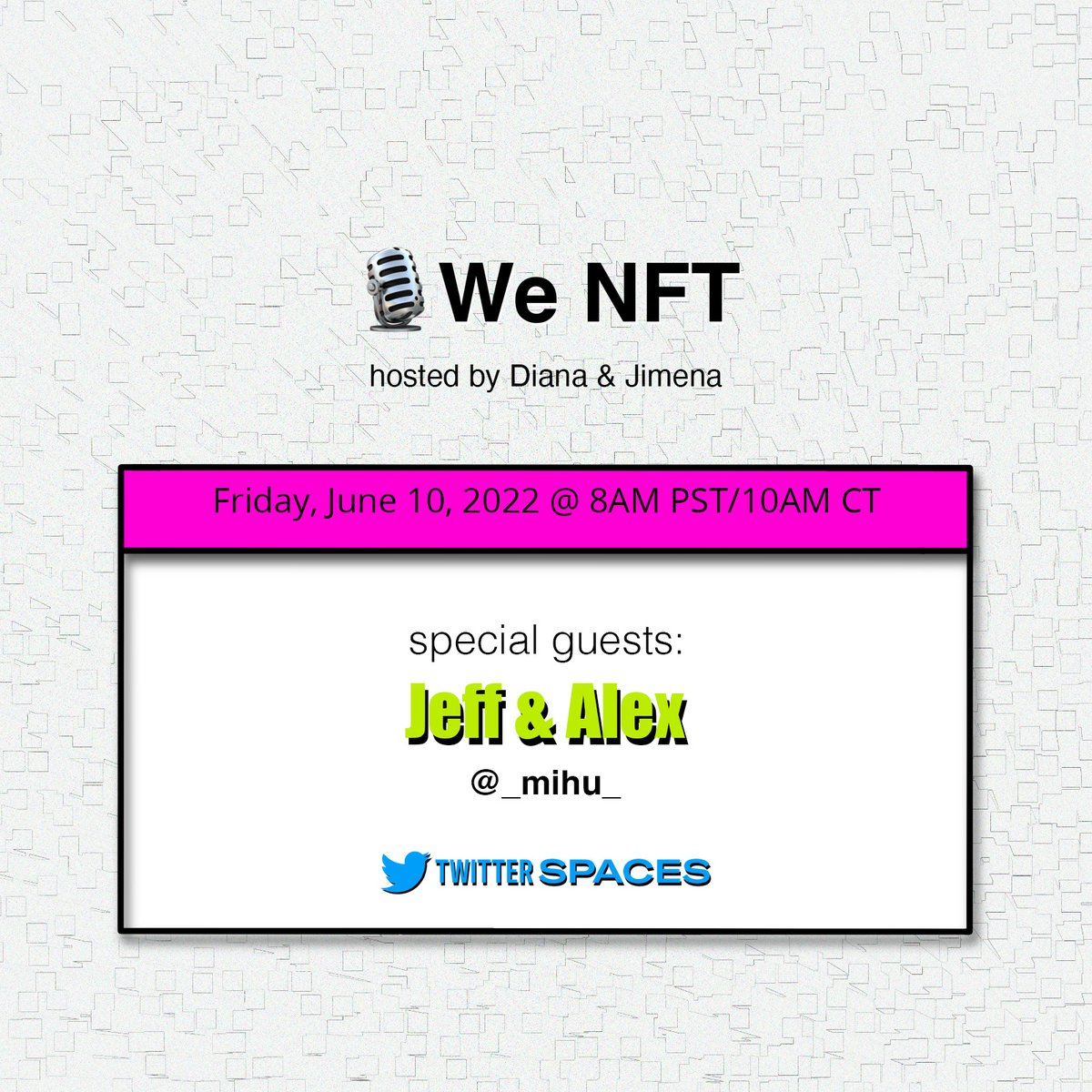 This Friday on 🎙️We NFT  I'm super excited to be chatting with my dear friends Jeff <a href="/_mihu_/">jeff.mihu</a> and Alex <a href="/Naufel/">alex</a>!

They are both award winning film makers and incredible humans ❤️

Co-host <a href="/JimenaBuenaVida/">Jimena Buena Vida</a> 🌺❤️

x.com/i/spaces/1mrGm…