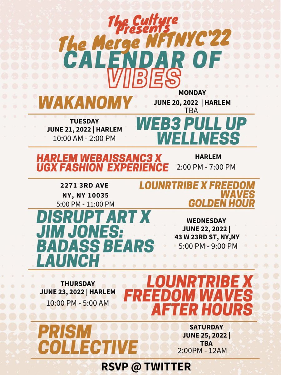 muvaofmarketing's tweet photo. Don’t miss The Official Vibes of #NFTNYC2022! 

Presented By 𝓣𝓱𝓮 𝓜𝓮𝓻𝓰𝓮:

Mon: @wakanomy 

Tues: @Web3PullUp, @Fashioverse, @LOUNRTRIBE x @_freedomwaves 

Wed: @DisruptArt x @jimjonescapo x @Badazz_Bears 

Thurs: @LOUNRTRIBE x @_freedomwaves 

Sat: @PrismQTBIPOC3 https://t.co/L3HYRrLUU6