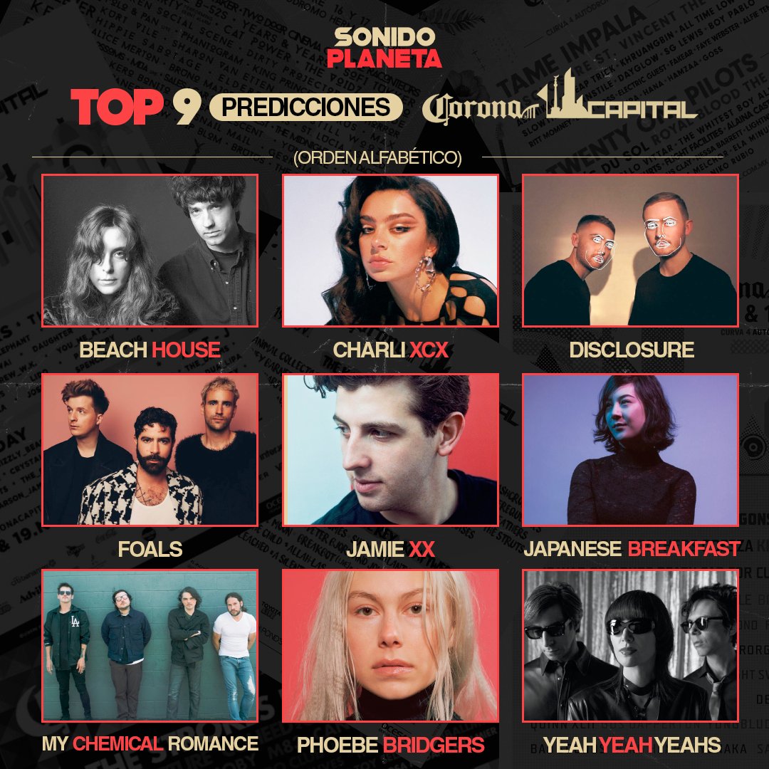 sonidoplanetaMX's tweet photo. 🫢 Nuestras TOP 9 PREDICCIONES para el Corona Capital 2022. 

¿Cuáles son las suyas? 

#CoronaCapital #coronacapital22 https://t.co/q6gxuJ9jbo