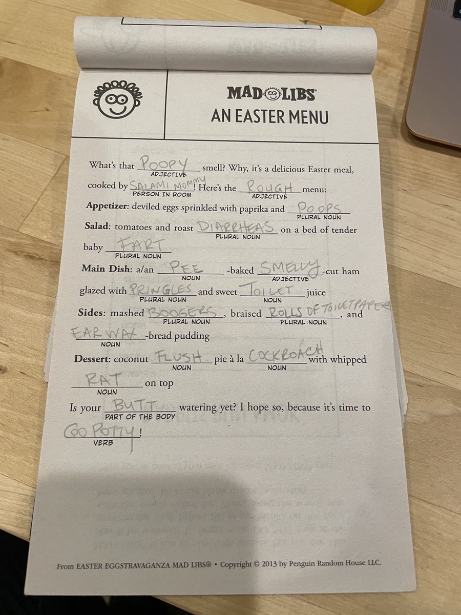 jennyhagel's tweet image. When my son was 6 he asked if he could do a Mad Libs that was “all potty words.” In a moment of parenting weakness I said yes. Behold the greatest Mad Libs ever written.