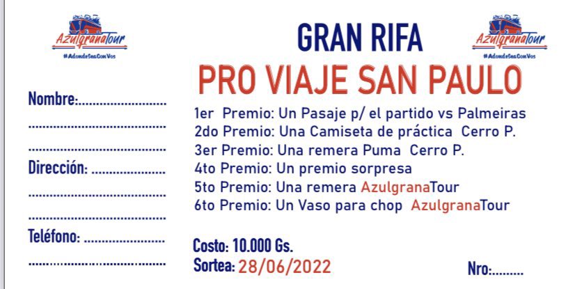 Aún contamos con lugares disponibles para el juego de los Octavos!
<a href="/CCP1912oficial/">Club Cerro Porteño</a> 🇵🇾 vs <a href="/Palmeiras/">SE Palmeiras</a> 🇧🇷 
Contacta con nosotros y llévate el talonario de la Súper Rifa para que puedas costear tu pasaje 🥳
#Atrconcerro 🇭🇹🇭🇹
<a href="/darioguillenz/">rubén dario 🌱</a> @Nicopaez_1 <a href="/Oscarzalazar90/">Oscar Zalazar 🇵🇾</a> <a href="/pipo_32/">G u i l l e S c h o n h a u s e r</a>