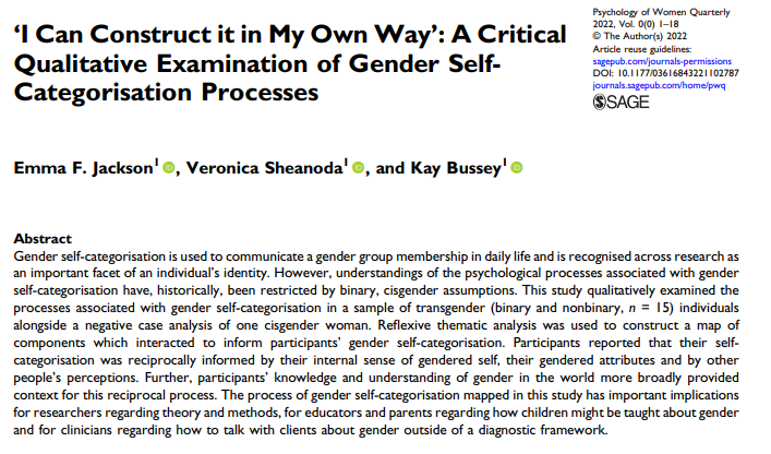EFJacko's tweet photo. "I can construct it my own way" investigates factors that influence our gender self-categorisations
Spoilers: knowledge about gender, a sense of self, personal attributes, and other people's perceptions are all important to enable gender self-categorisation https://t.co/3tY0zrCLLC