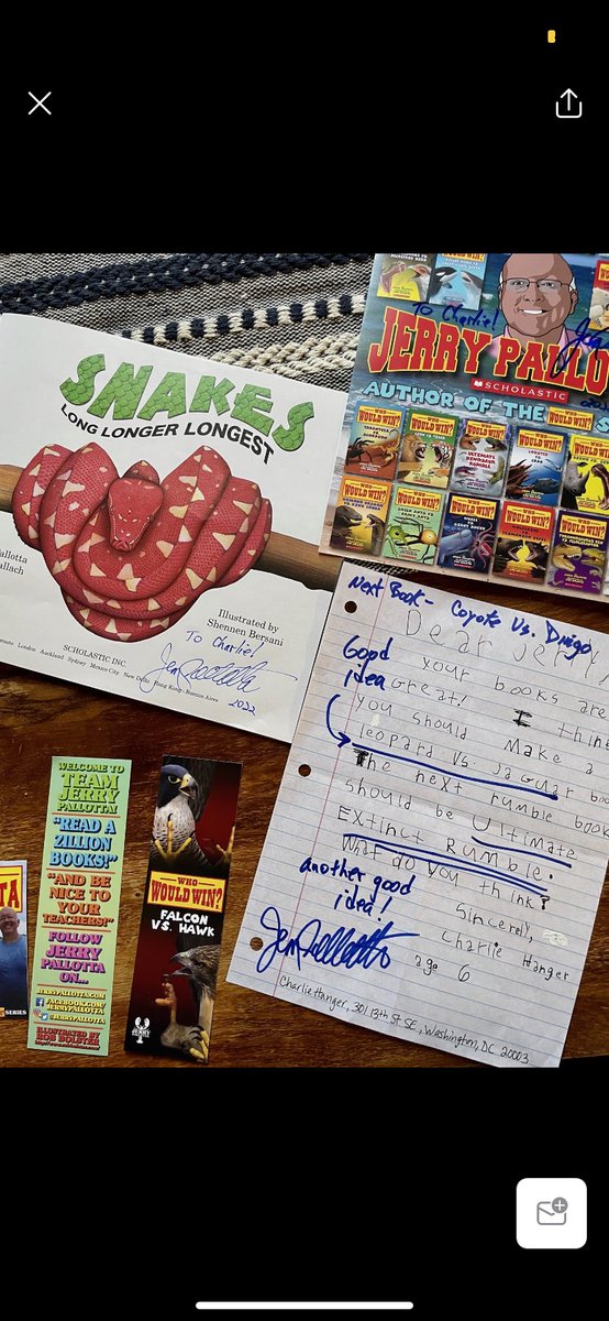So proud of <a href="/peabodywatkins/">Peabody and Watkins Elementary Schools</a> kindergarten student Charlie Hanger for amazing letter he wrote to “Who Would Win” series author <a href="/jerrypallotta/">Jerry Pallotta</a> w 2 ideas very well received (see notes on letter!). Charlie got autographed book &amp; swag for his trouble! <a href="/DcpsLibrary/">DCPS Library Programs</a> <a href="/dcpublicschools/">DC Public Schools</a>