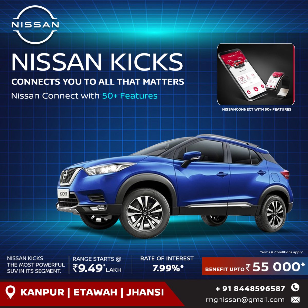 RNG_Nissan's tweet image. #NissanKicks is a 5 seater most powerful SUV in its segment. 
#NissanConnect with 50+ features...
Driven by innovation, it helps you stay connected to us, your car and your loved ones.
#BestInTechnology 
.
👉 Visit us at #RNGNissanKanpur
For enquiries / Bookings, 📞08448596587