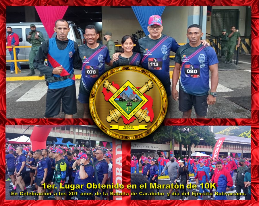 #05JUN22 Es para nosotros un Gran Honor haber obtenido el 1er. Lugar en el Maratón de 10k en Celebración a los 201 años de la Batalla de Carabobo y día del Ejército Bolivariano.

#Somos43BAC
#EjércitoYPuebloInvencibles
#ZODIGuáricoEnBatalla
#PuebloValienteYLeal