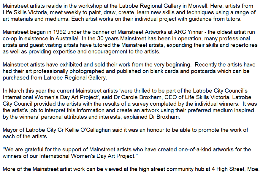 lifeskillsvic's tweet photo. Our Mainstreet art program at Latrobe Regional Gallery does the most amazing work. This year, our artists were thrilled to be part of the @latrobecity International Women's Day Art Project. Thank you to Latrobe City and @KellieOc!

https://t.co/Sxp0cJFkxP https://t.co/72wNzwvtCu
