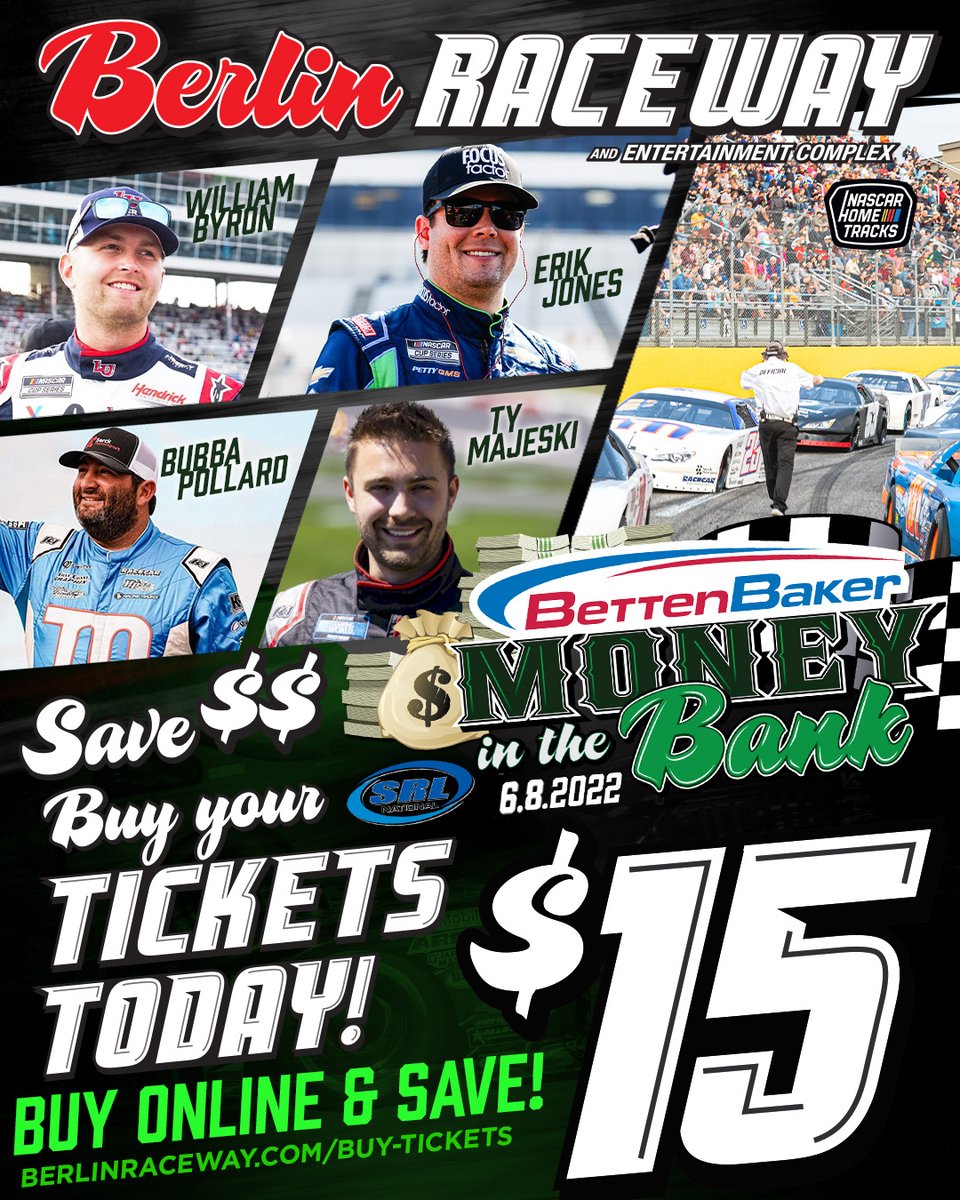 BerlinRaceway's tweet photo. Mother Nature won the battle on June 8th, so we're trying again June 9th! Get your tickets online now for the @BettenBaker Money in the Bank 150 for only $15! These drivers can't wait for that green flag, and neither can we! #wherespeedbelongs #berlinMITB https://t.co/JgPNR6ThS8