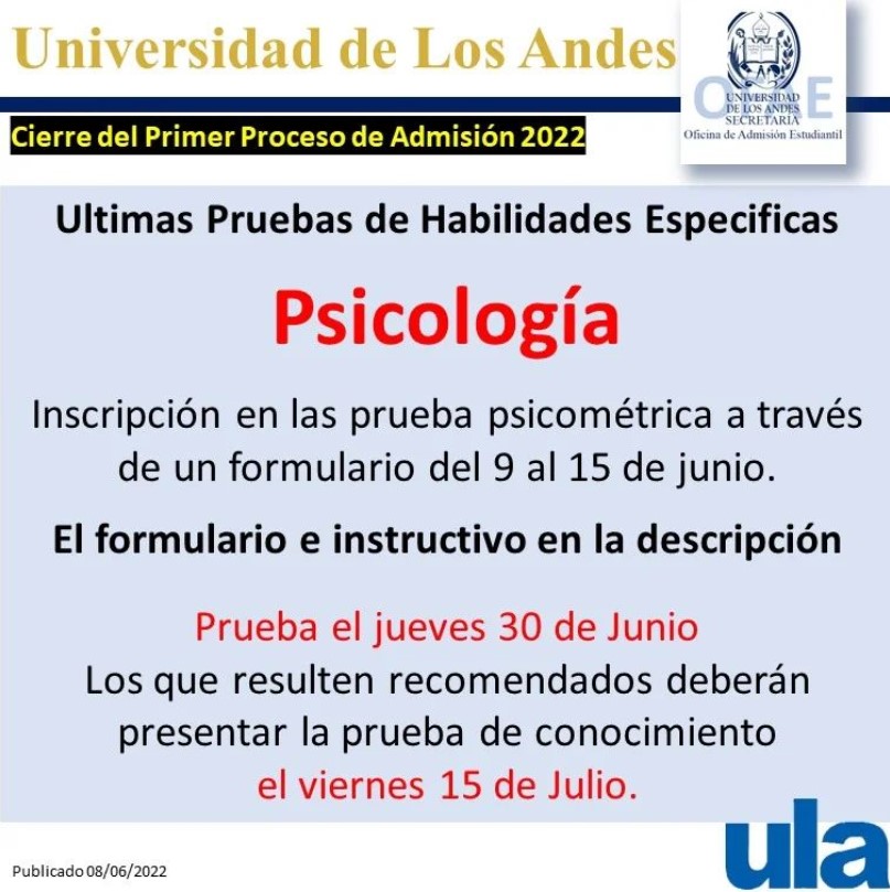 -- Admisión -- 
¿Quieres estudiar Psicología?
- Instructivo Prueba Psicométrica 2022: bit.ly/3xuRyQo
- Formulario de inscripción Prueba Psicométrica 2022: bit.ly/39Ga0fg
Repost <a href="/OFAEULA/">OFAE ULA</a>