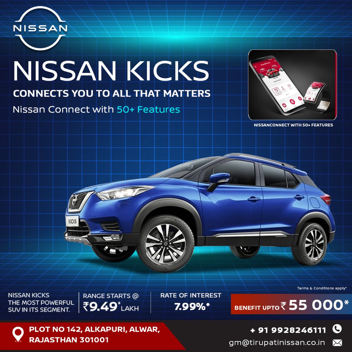 NissanTirupati's tweet image. #NissanKicks is a 5 seater most powerful SUV in its segment. 
#NissanConnect with 50+ features...
Driven by innovation, it helps you stay connected to us, your car &amp;amp; your loved ones.
#BestInTechnology 
.
👉Visit us at #TirupatiNissanAlwar -
For enquiries / Bookings, 📞09928246111