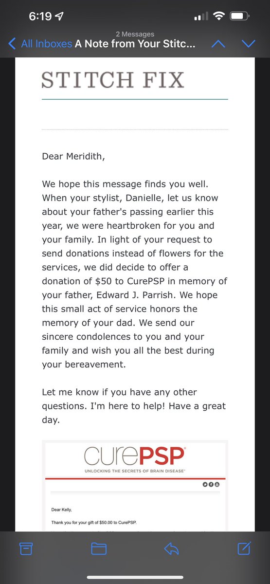 mer_pizza's tweet photo. Shoutout to @stitchfix: 
I mentioned that I need a dress to wear to my dad’s burial this month. Without giving them any info about my dad, they found his obituary and learned he suffered from PSP. Got this email today. 
THIS👏🏻IS👏🏻HOW👏🏻TO👏🏻DO #CustomerService …and #OSINT. https://t.co/IGf8P5wYWm