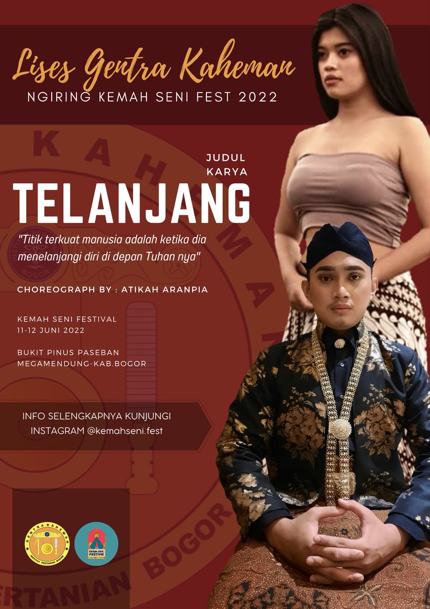 Pada acara kali ini kita akan menampilkan sebuah karya tari berjudul TELANJANG.

So jangan lupa dateng ya 

KEMAH SENI FEST 2022
11-12 Juni 2022, di Bukit Pinus Paseban

#lises #gentrakaheman #abdipisan