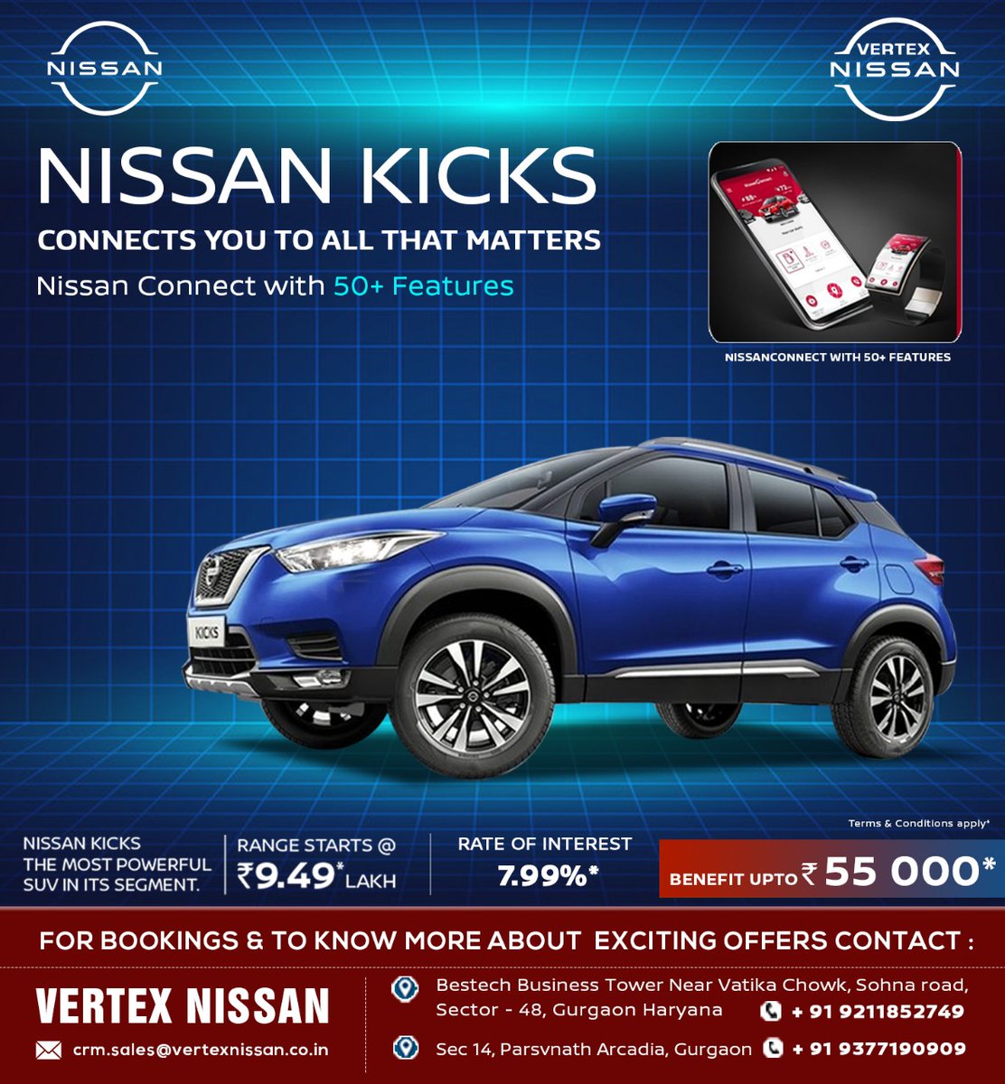 VertexNissan's tweet image. #NissanKicks is a 5 seater most powerful SUV in its segment. 
#NissanConnect with 50+ features...
Driven by innovation, it helps you stay connected to us, your car &amp;amp; your loved ones.
#BestInTechnology 
.
👉 Visit us at #VertexNissanGurgaon -
📞09377190909, 📞09211852749