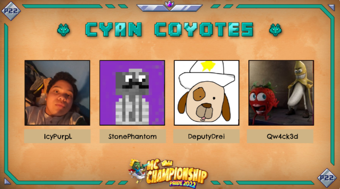 IcyPurpl's tweet photo. 👑 Announcing team Cyan Coyotes 👑

@IcyPurpl 

@stonebone33 

@DeputyDrei 

@Qw4ck3d 

Watch them in MCC on Saturday June 18th at 8pm BST! https://t.co/yEarApcbH5