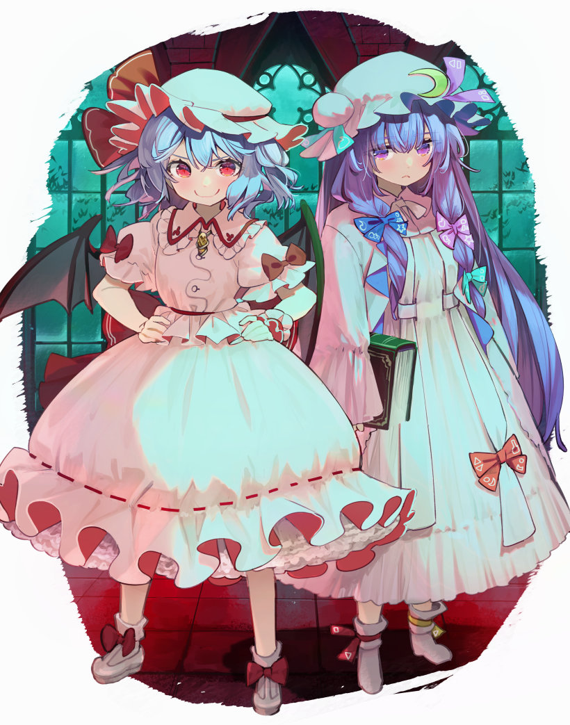 patchouli knowledge ,remilia scarlet 2girls multiple girls hat purple hair mob cap red eyes wings  illustration images