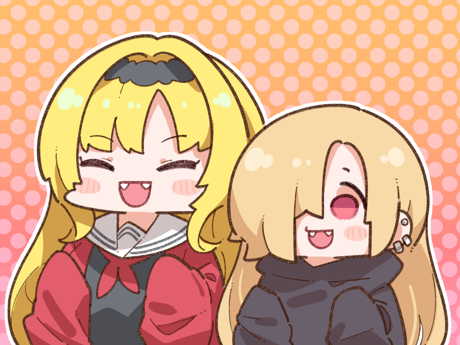shirasaka koume multiple girls 2girls blonde hair fangs smile long hair sleeves past fingers  illustration images