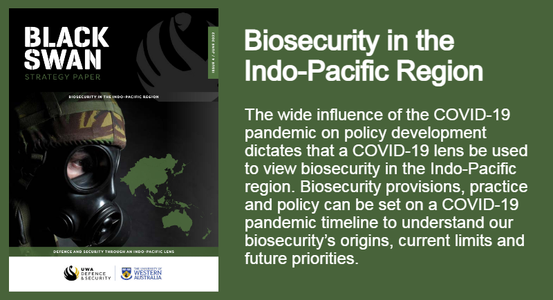 <a href="/DefenceUwa/">UWA Defence & Security Institute</a> and author <a href="/scrimgeourONE/">Tim Inglis</a> are proud to launch the latest #BlackSwanStrategyPaper entitled, ‘Biosecurity in the Indo-Pacific Region’. To read, head to: defenceuwa.com.au/publications/b…