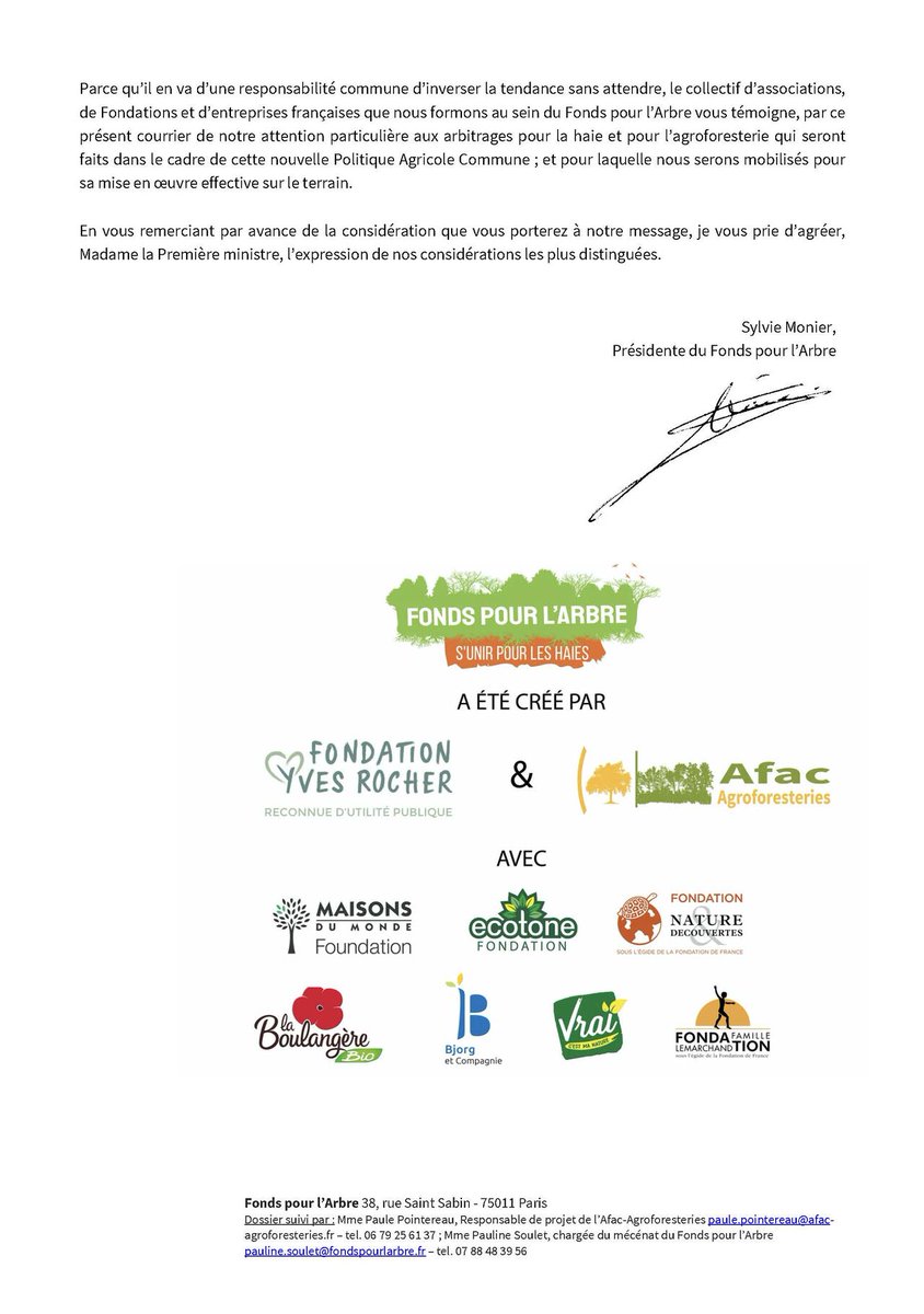 La place des #haies est essentielle dans la future #PAC. 📢Une lettre ouverte a été adressée à @Elisabeth_Borne pour soutenir la démarche de plantation de haies au cœur de la planification écologique. Co-fondateur du @FondspourlArbre, nous soutenons son initiative ! @afacagrofo