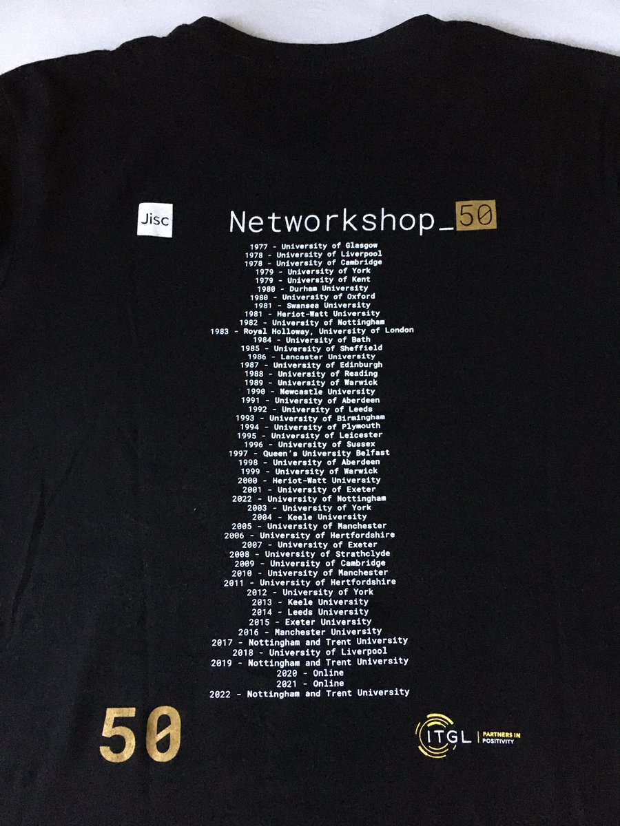 Credit to <a href="/Jisc/">Jisc</a> &amp; <a href="/itglservices/">ITGL</a> for  networkshop ‘tour’ t’shirt. When did your attendances start? #NWS50