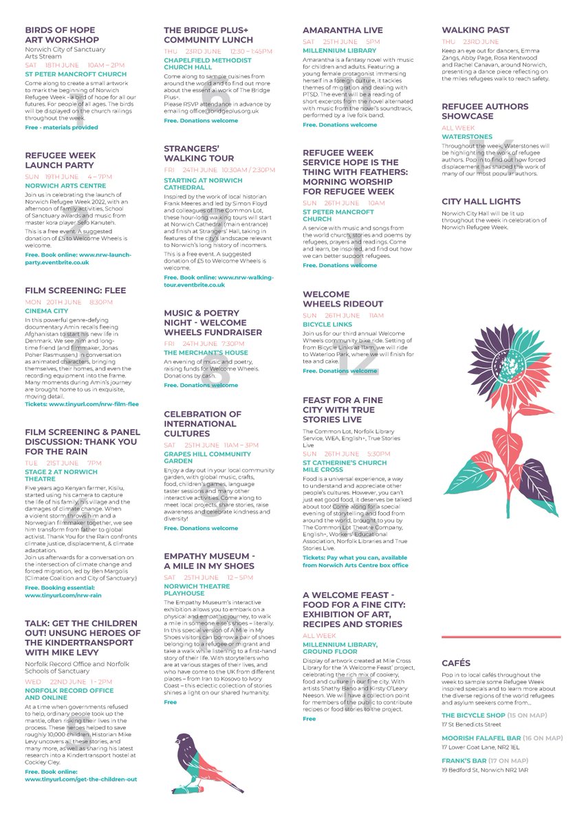 Get with the Programme!
Download it into your phone and laptop and browse the incredible line up of the 2022 Norwich Refugee Week. buff.ly/3sEmv1C
Let's celebrate diversity!

#RefugeeWeekNorwich #Frundraising #WelcomeWheels #EveryoneWelcome 
#supportrefugees  #norwich