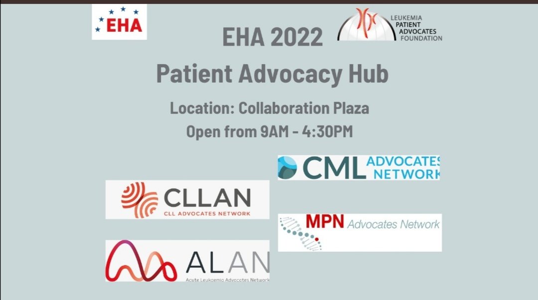 CLLAdvocates's tweet photo. 👉If you are attending #EHA2022, 
We will be located at the Collaboration Plaza from 9AM till 4:30PM.
Say hello to the #LePAF networks teams.
@cmlnet @CLLAdvocates @AcuteLeuk @GMPNAN https://t.co/bQSRYxeTvd https://t.co/4iydFlBEFb