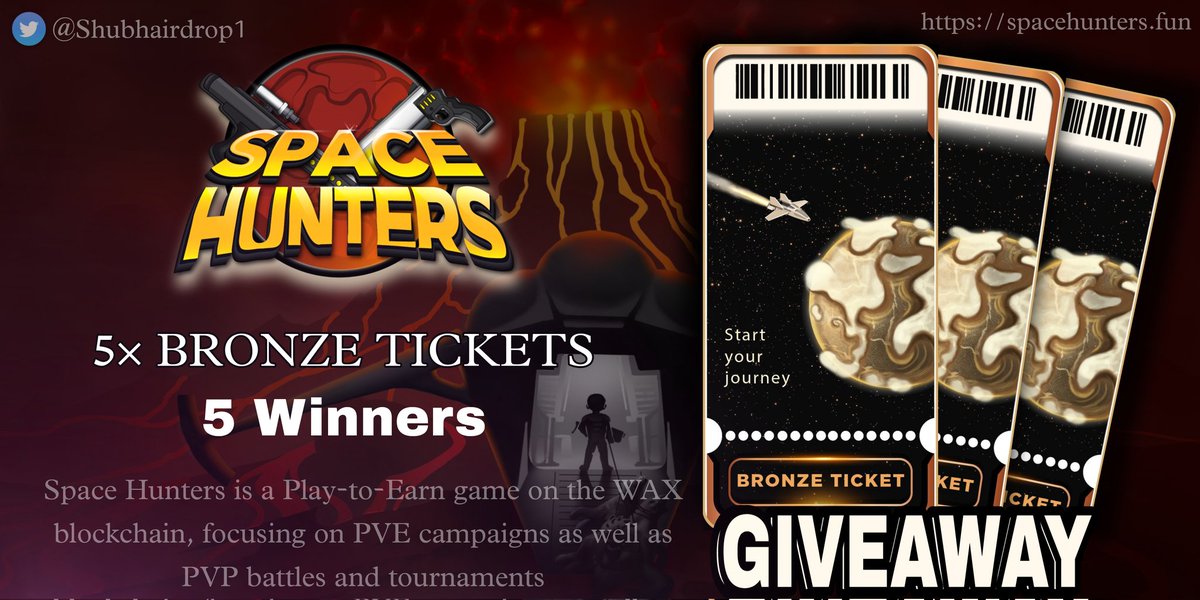 5× BRONZE TICKETS #NFTGiveaway by <a href="/SpaceHunters_/">Space Hunters</a> 🎉

*Requirement
1️⃣Follow <a href="/SpaceHunters_/">Space Hunters</a> &amp; @shubhairdrop1
2️⃣Like &amp; Retweet &amp; Tag 3 friends
3️⃣Comment Wax address
4️⃣Join Discord - discord.gg/tpVA7BpR

⌚End 12 June 🙂Good Luck

#WAXNFT #P2E #NFTCommunity #Giveaways #FreeNFT