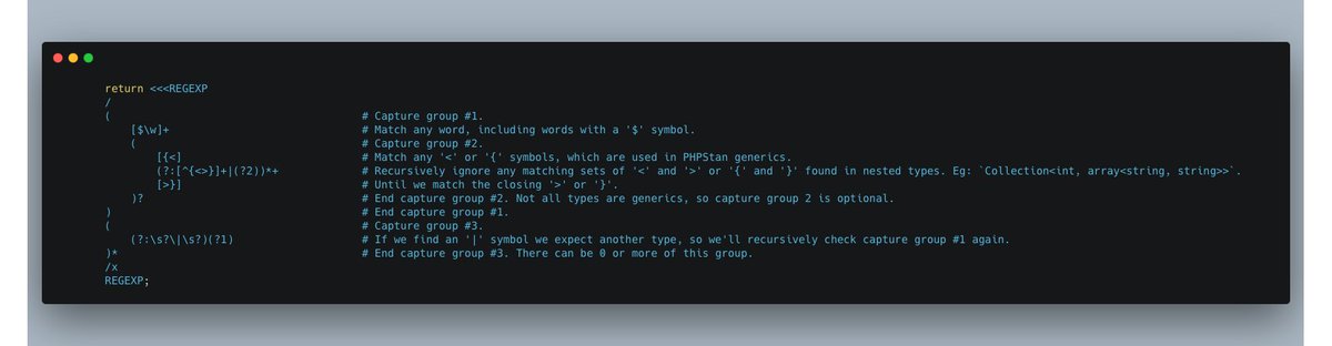 OliverNybroe's tweet photo. ℹ️ A great tip when doing complex regexes
You can do multiline and even comments to help explain what you were trying to achieve👀

This regex was created by @LukeDowning19 for our code-sniffer package 🎉
https://t.co/nvDDLYHwXU https://t.co/wP7v8Ls07r