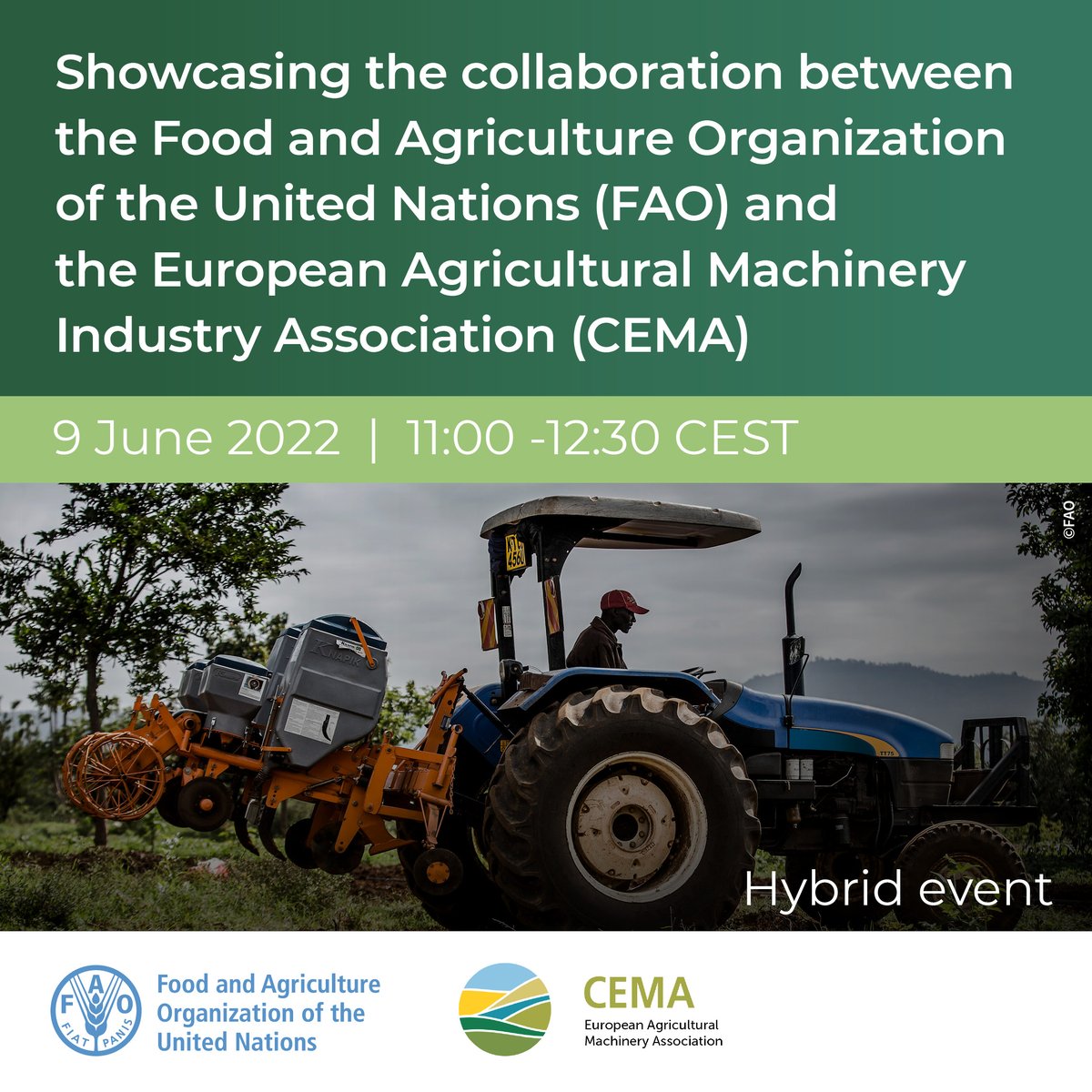FAOKnowledge's tweet image. 📌 Mark your calendar for later today! 

@FAO and @CEMAagri are hosting a webinar on Sustainable Mechanization for transforming agrifood systems.

🗓️ 09 June 2022
🕒 11:00-12:30 CEST

👉Follow the webcast: ow.ly/Hxz050Jl3lj

#SustainableMechanization