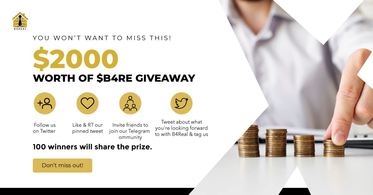 B4Real_Official's tweet photo. Welcome aboard everyone!🙌
$2000 worth of $B4RE Token Giveaway to be shared.
✅Follow us on Twitter
✅Join our Telegram
✅Like & RT one of our Tweets
✅Tweet about what you're looking forward to with #Be4Real & tag us
Let’s go…
#B4Real #realestate #investing https://t.co/AWzNdqHYCy
