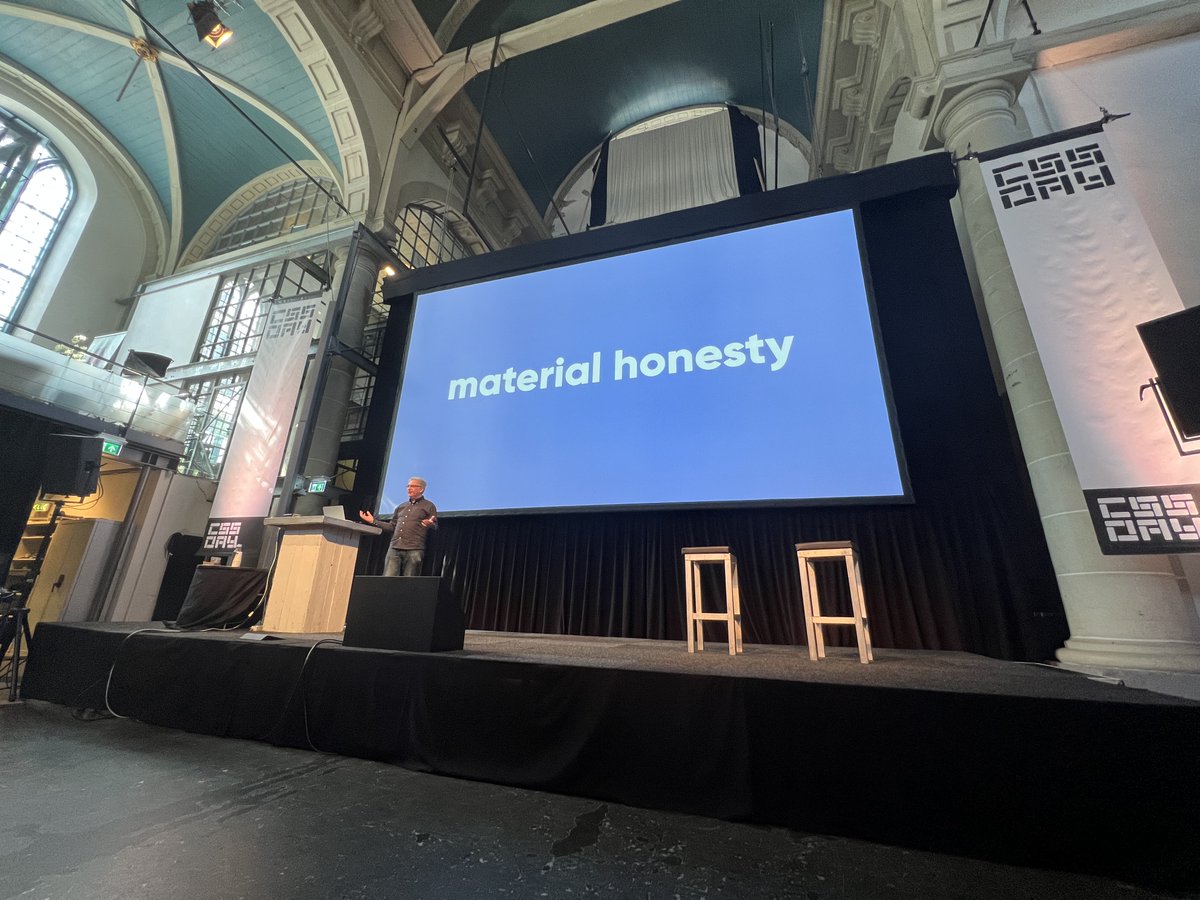 bramus's tweet photo. "Material Honesty", a plea to use the native capabilities the web platform offers us, instead of relying on hacks.

#CSSDay #EmbraceThePlatform https://t.co/Cu1B541oRn